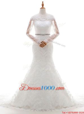 Pretty Mermaid Scoop With Train Clasp Handle Bridal Gown White and In for Wedding Party with Beading and Lace Brush Train