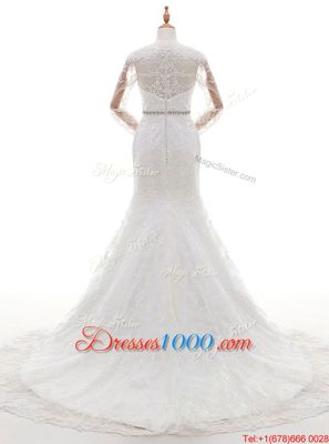 Pretty Mermaid Scoop With Train Clasp Handle Bridal Gown White and In for Wedding Party with Beading and Lace Brush Train