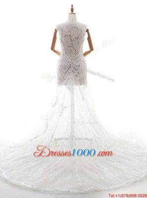White Sleeveless Court Train Beading and Sequins With Train Wedding Gown
