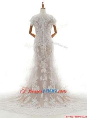 Modest Mermaid Lace Cap Sleeves With Train Wedding Gown Chapel Train and Lace and Appliques