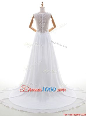 With Train White Wedding Gowns V-neck Sleeveless Brush Train Zipper