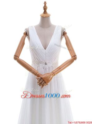 With Train White Wedding Gowns V-neck Sleeveless Brush Train Zipper