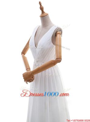 With Train White Wedding Gowns V-neck Sleeveless Brush Train Zipper