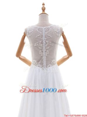 With Train White Wedding Gowns V-neck Sleeveless Brush Train Zipper