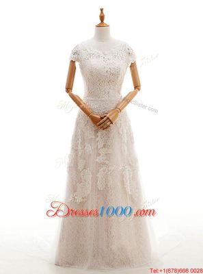 Scoop With Train Column/Sheath Cap Sleeves Champagne Bridal Gown Court Train Clasp Handle