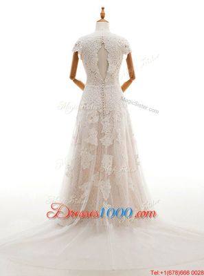 Scoop With Train Column/Sheath Cap Sleeves Champagne Bridal Gown Court Train Clasp Handle