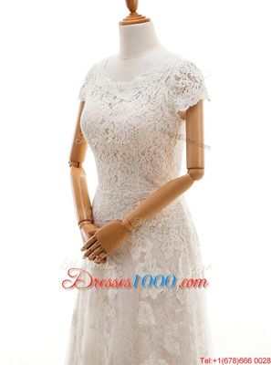 Scoop With Train Column/Sheath Cap Sleeves Champagne Bridal Gown Court Train Clasp Handle