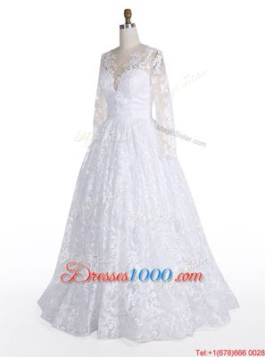 Modern White Wedding Dresses Wedding Party and For with Lace Scoop Long Sleeves Clasp Handle