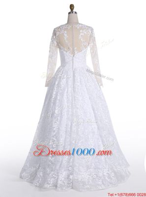 Modern White Wedding Dresses Wedding Party and For with Lace Scoop Long Sleeves Clasp Handle