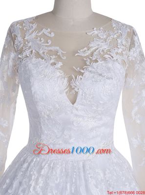 Modern White Wedding Dresses Wedding Party and For with Lace Scoop Long Sleeves Clasp Handle