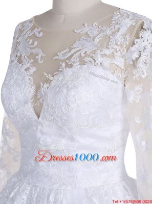 Modern White Wedding Dresses Wedding Party and For with Lace Scoop Long Sleeves Clasp Handle