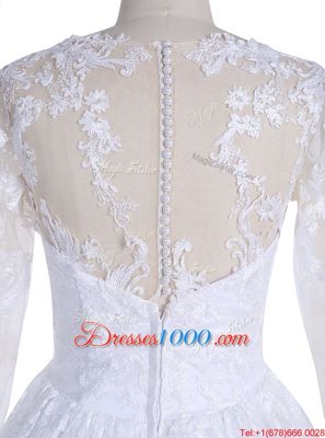 Modern White Wedding Dresses Wedding Party and For with Lace Scoop Long Sleeves Clasp Handle