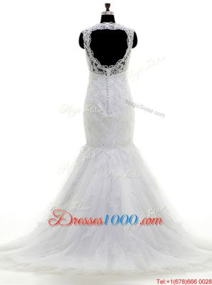 New Style Mermaid V-neck Sleeveless Wedding Dress With Brush Train Beading and Lace and Appliques White Tulle
