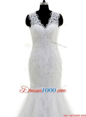 New Style Mermaid V-neck Sleeveless Wedding Dress With Brush Train Beading and Lace and Appliques White Tulle