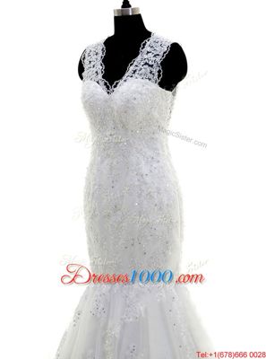 New Style Mermaid V-neck Sleeveless Wedding Dress With Brush Train Beading and Lace and Appliques White Tulle