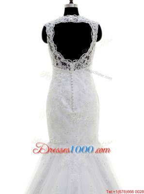 New Style Mermaid V-neck Sleeveless Wedding Dress With Brush Train Beading and Lace and Appliques White Tulle