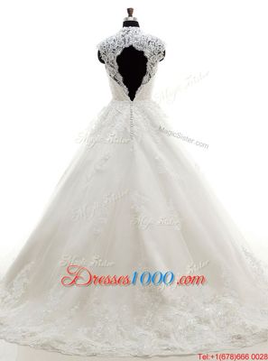 Custom Fit White A-line Lace V-neck Cap Sleeves Lace and Appliques With Train Clasp Handle Wedding Gown Brush Train