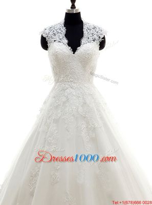 Custom Fit White A-line Lace V-neck Cap Sleeves Lace and Appliques With Train Clasp Handle Wedding Gown Brush Train
