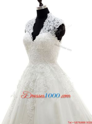 Custom Fit White A-line Lace V-neck Cap Sleeves Lace and Appliques With Train Clasp Handle Wedding Gown Brush Train