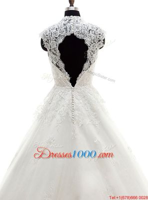 Custom Fit White A-line Lace V-neck Cap Sleeves Lace and Appliques With Train Clasp Handle Wedding Gown Brush Train