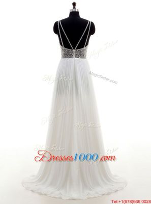 White Bateau Zipper Beading Bridal Gown Sweep Train Sleeveless