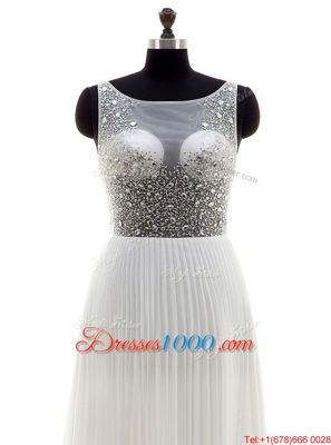 White Bateau Zipper Beading Bridal Gown Sweep Train Sleeveless