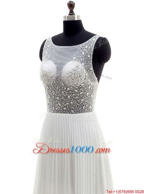 White Bateau Zipper Beading Bridal Gown Sweep Train Sleeveless