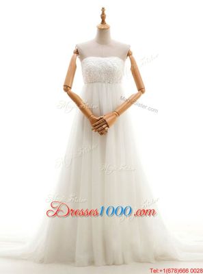 Sumptuous Sleeveless Tulle With Train Court Train Zipper Wedding Gowns in White for with Lace