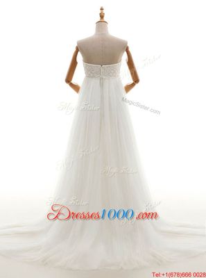 Sumptuous Sleeveless Tulle With Train Court Train Zipper Wedding Gowns in White for with Lace