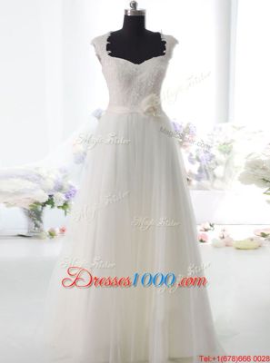 Customized White Column/Sheath Square Sleeveless Tulle Floor Length Side Zipper Lace and Hand Made Flower Wedding Dress