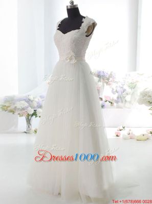 Customized White Column/Sheath Square Sleeveless Tulle Floor Length Side Zipper Lace and Hand Made Flower Wedding Dress