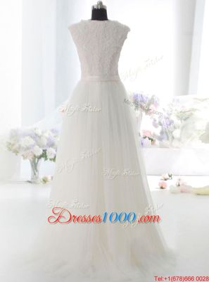 Customized White Column/Sheath Square Sleeveless Tulle Floor Length Side Zipper Lace and Hand Made Flower Wedding Dress