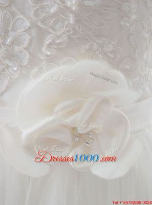 Customized White Column/Sheath Square Sleeveless Tulle Floor Length Side Zipper Lace and Hand Made Flower Wedding Dress