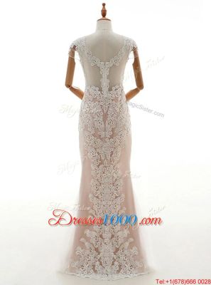 High-neck Cap Sleeves Wedding Gowns Floor Length Lace Champagne Lace