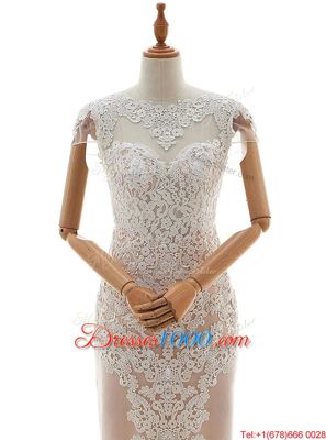 High-neck Cap Sleeves Wedding Gowns Floor Length Lace Champagne Lace