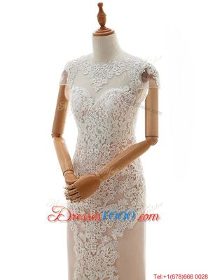High-neck Cap Sleeves Wedding Gowns Floor Length Lace Champagne Lace