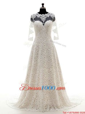 Wonderful Scoop 3|4 Length Sleeve Wedding Dress With Train Court Train Lace Champagne Lace