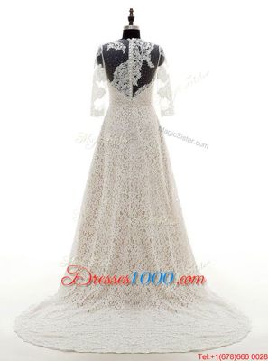 Wonderful Scoop 3|4 Length Sleeve Wedding Dress With Train Court Train Lace Champagne Lace