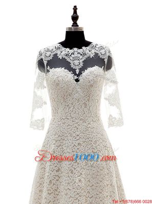 Wonderful Scoop 3|4 Length Sleeve Wedding Dress With Train Court Train Lace Champagne Lace