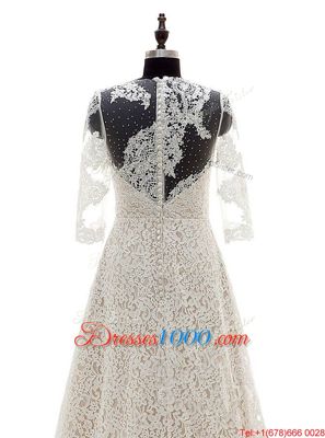 Wonderful Scoop 3|4 Length Sleeve Wedding Dress With Train Court Train Lace Champagne Lace