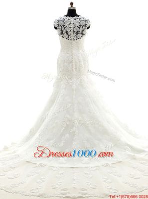 Hot Selling Mermaid Scoop Lace Sleeveless With Train Appliques Clasp Handle Wedding Dresses with White Court Train