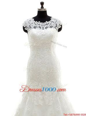 Hot Selling Mermaid Scoop Lace Sleeveless With Train Appliques Clasp Handle Wedding Dresses with White Court Train