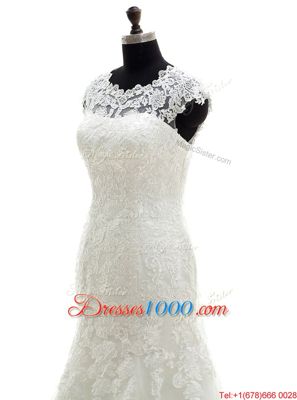 Hot Selling Mermaid Scoop Lace Sleeveless With Train Appliques Clasp Handle Wedding Dresses with White Court Train