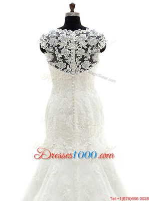 Hot Selling Mermaid Scoop Lace Sleeveless With Train Appliques Clasp Handle Wedding Dresses with White Court Train