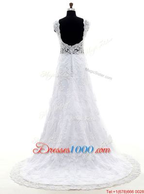 White Lace Zipper V-neck Long Sleeves With Train Wedding Dresses Brush Train Lace