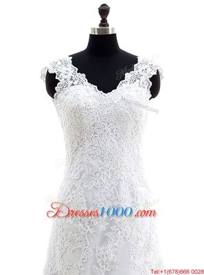 White Lace Zipper V-neck Long Sleeves With Train Wedding Dresses Brush Train Lace