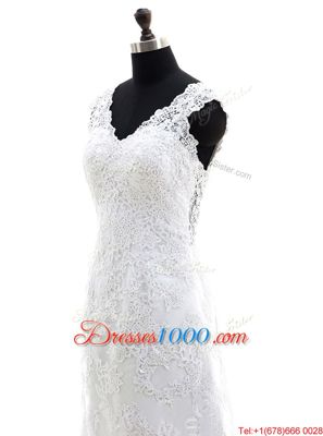 White Lace Zipper V-neck Long Sleeves With Train Wedding Dresses Brush Train Lace