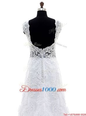 Brush Train Column/Sheath Bridal Gown Lilac V-neck Lace Sleeveless With Train Clasp Handle