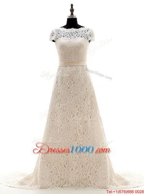 Excellent With Train Champagne Wedding Gowns Scoop Short Sleeves Brush Train Lace Up