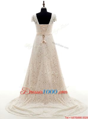 Excellent With Train Champagne Wedding Gowns Scoop Short Sleeves Brush Train Lace Up